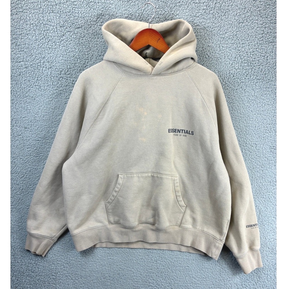 Fear of God Essentials Pullover Hoodie Mens M Beige Logo Fleece Streetwear Cozy